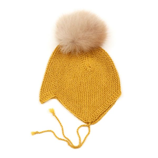 HUTTELIHUT - BABYHUT YELLOW M/CAMEL POMPOM