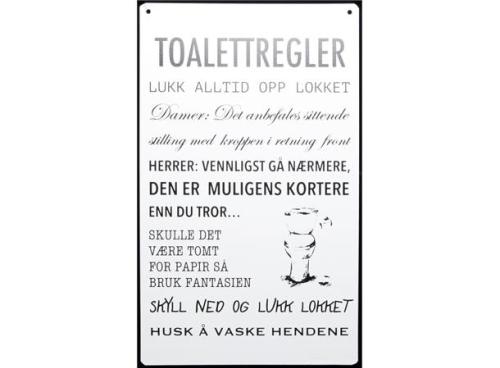 Metallskilt Toalettregler m/tekst hvit