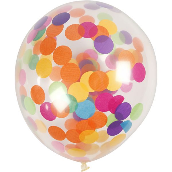 Ballonger med konfetti, transparent, dia. 23 cm, runde, 4stk.