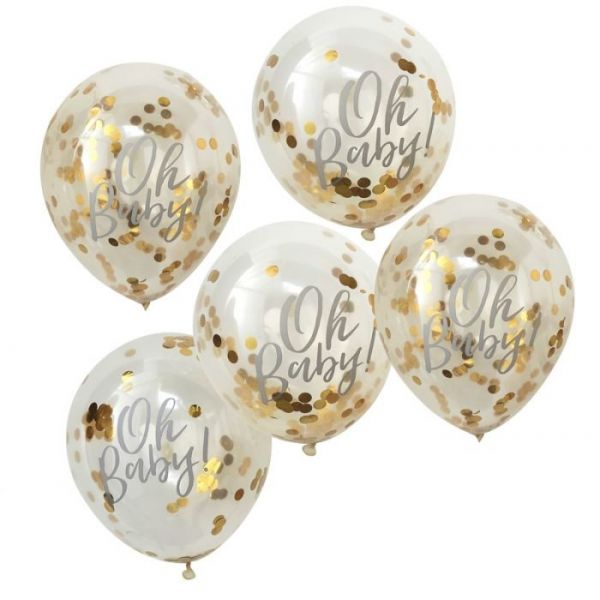 Ballong Oh Baby med Confetti i Gull 30 cm, 5 stk