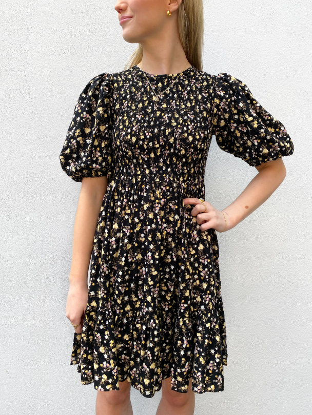 Smocking Puffed Mini Dress - Blossom - Image 1