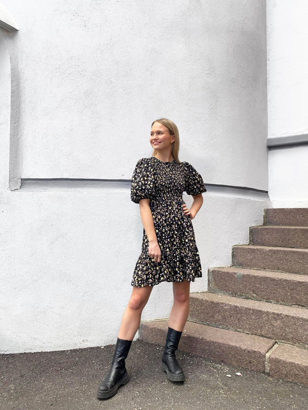 Smocking Puffed Mini Dress - Blossom - Image 2