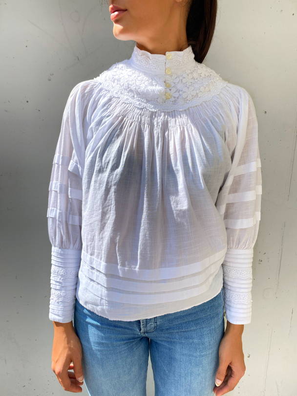 Cotton Slub Pleast Blouse - White  - Image 1