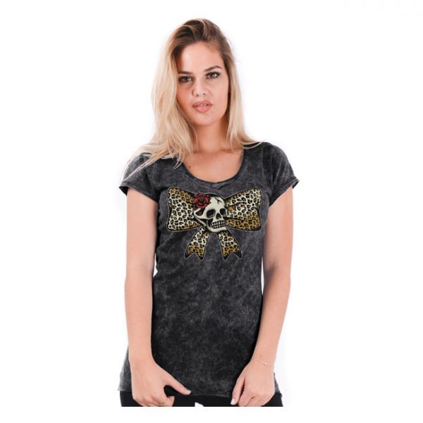  LUCKY 13 LEOPARD BOW SKULL T-SHIRT WASHED BLACK