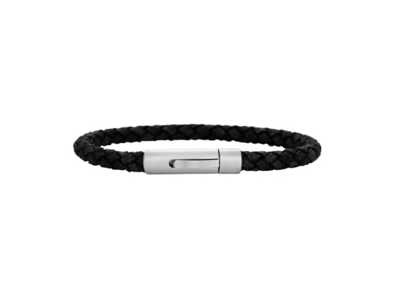 Silver bracelet black calf leather braided - 6mm 
