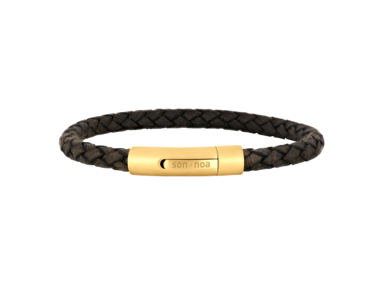 Gold bracelet brown calf leather braided - 6mm 