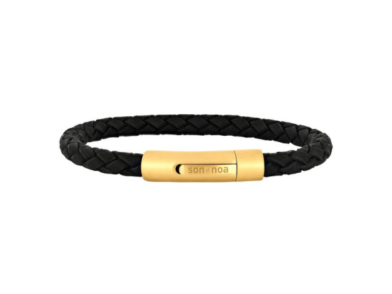 Gold bracelet black calf leather braided - 6mm 