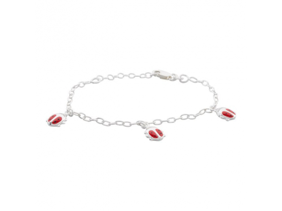 Rhod. silver bracelet w/3 ladybirds