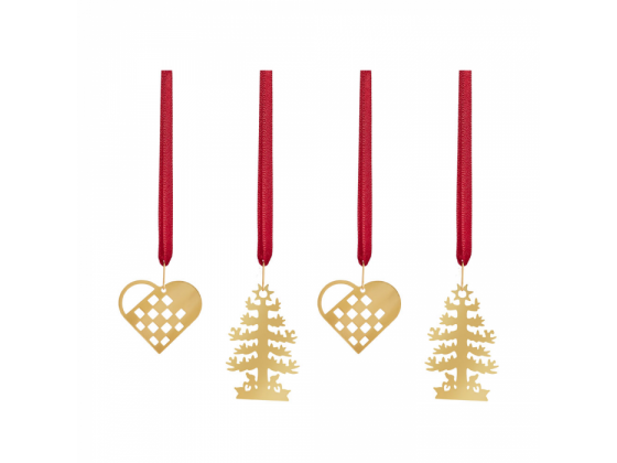 Ornament - 4 stk - Miniatyr hjerte/grantre (Forgylt)