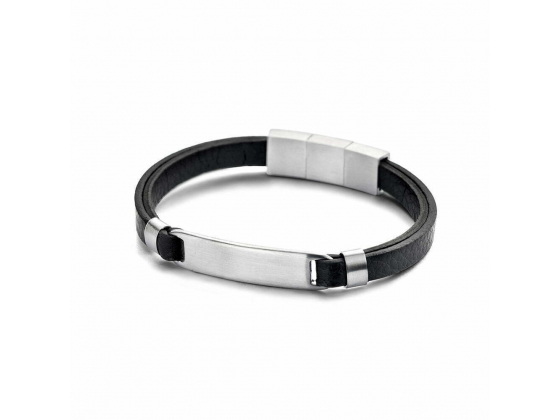 Black leather bracelet with steel element