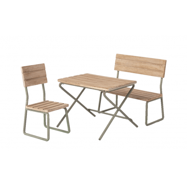 MAILEG Hagesett, bord med stol og benk, Mini