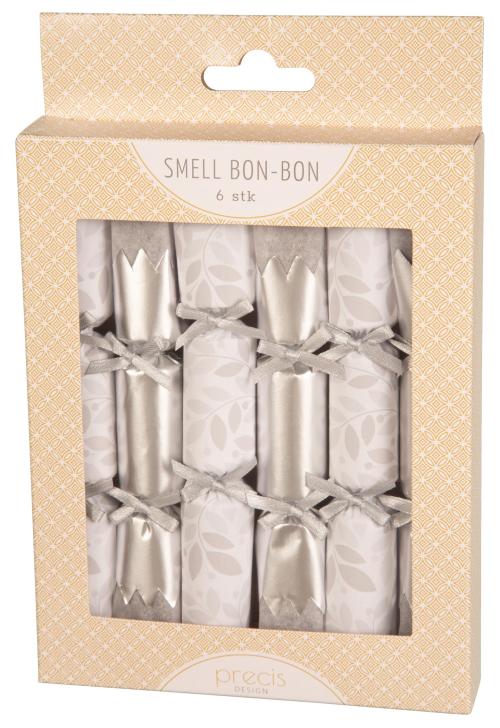 Smell bon-bon hvit/sølv med sløyfe 6 stk 