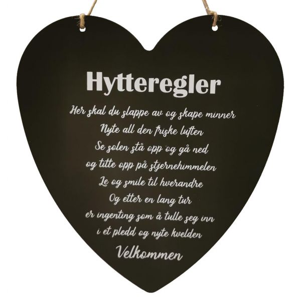 Skilt hjerte stort Hytteregler sort