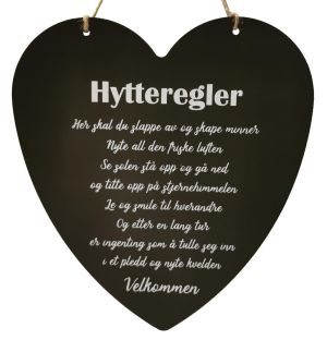 Skilt hjerte stort Hytteregler sort
