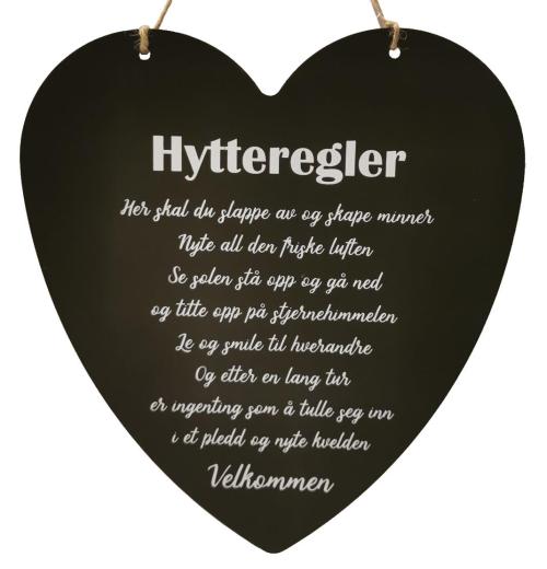 Skilt hjerte stort Hytteregler sort