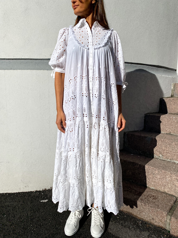 Broderie Anglaise Midi Dress - White - Image 1