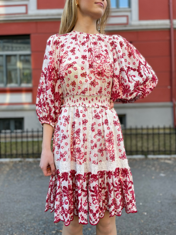Broderie Anglaise Mini Dress – Red Flowers  - Image 1