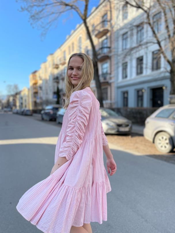 Poplin Shift Dress – Pink Checks  - Image 4