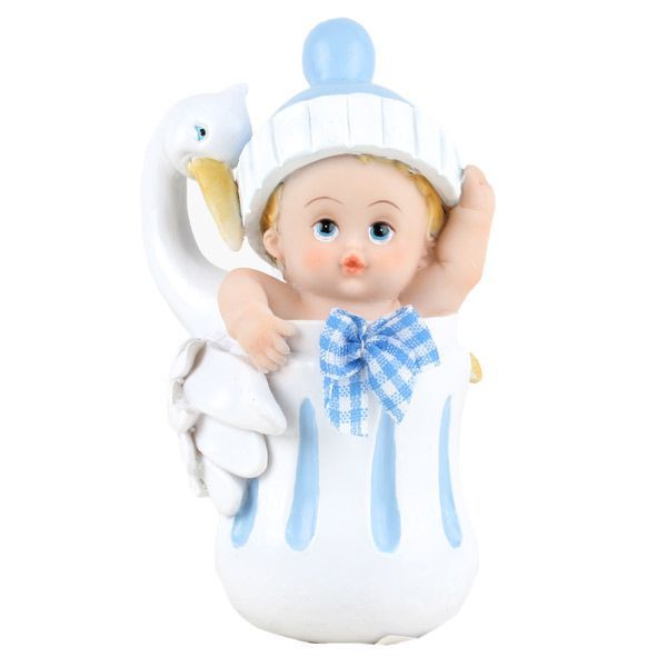 Dåpsdekor, baby i flaske med stork, blå, 11 cm