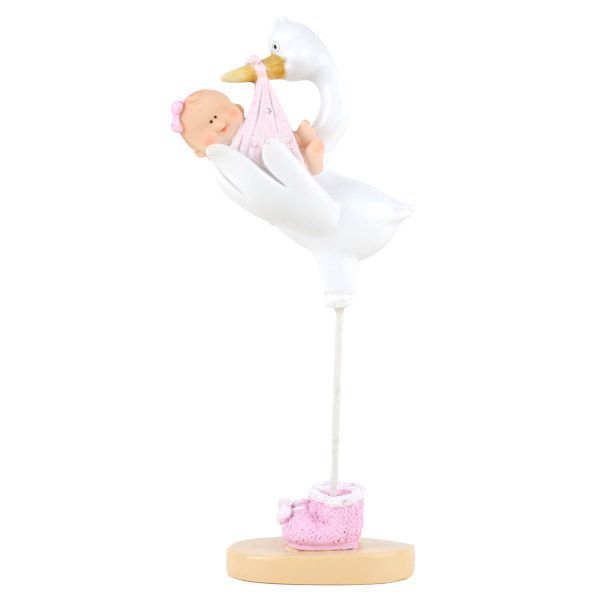 Dåpsdekor, 15 cm, stork med rosa baby