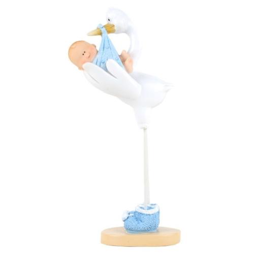 Dåpsdekor, 15 cm stork med blå baby