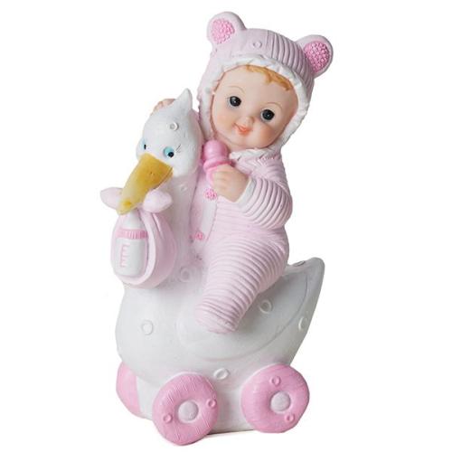 Dåpsdekor, baby på stork, rosa, 15 cm