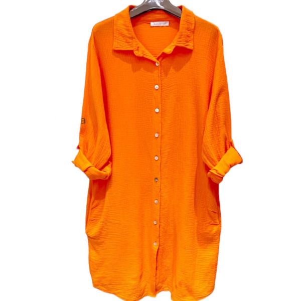 Skjorte lang i krepp bomull, oransje