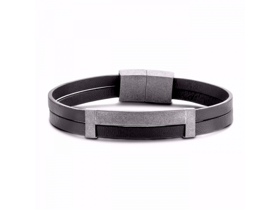 Black Leather Steel Bracelet 