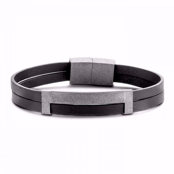 Black Leather Steel Bracelet 
