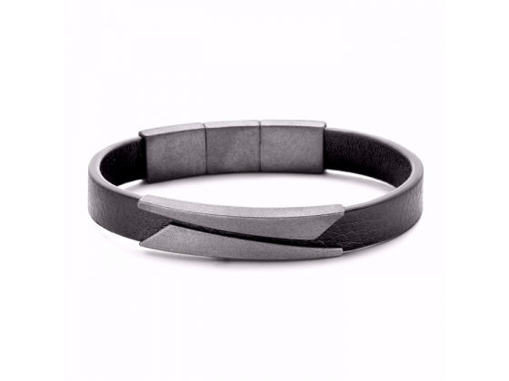 Black Leather Cut Steel Bracelet 