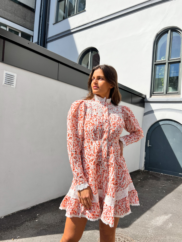 Linen Mini Dress - Red Flowers - Image 2