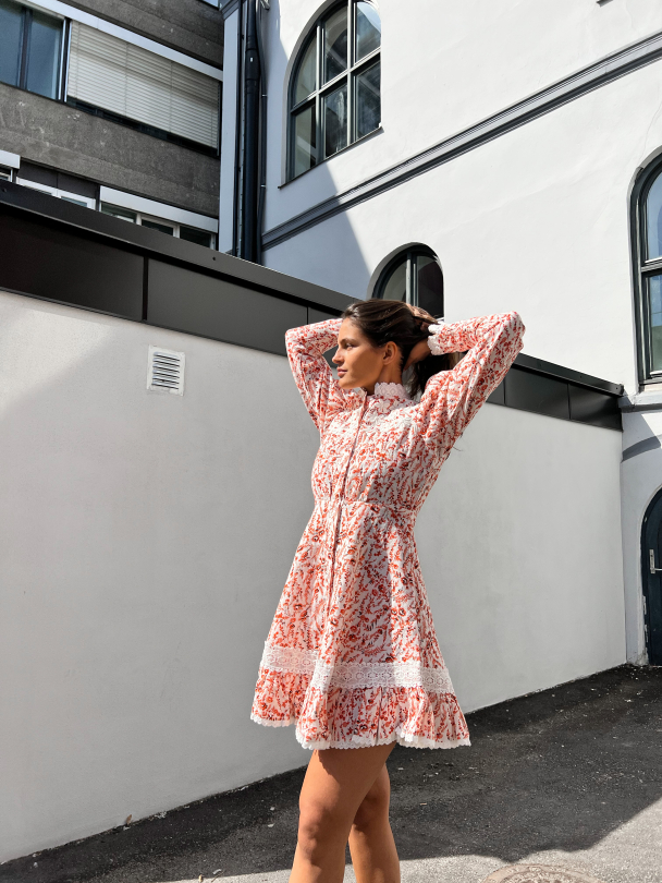 Linen Mini Dress - Red Flowers - Image 3
