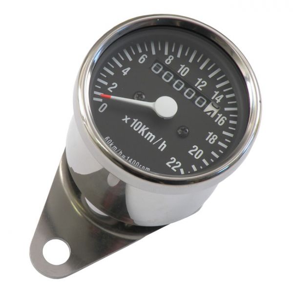 MINI SPEEDOMETER, 1:1 KMH CHROME WITH BLACK FACE PLATE