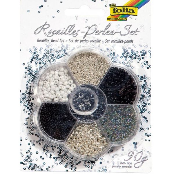 Folia Rocailles Perlesett 90g – Sølv/sort