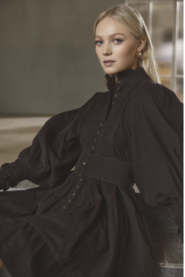 Baby Cord Belted Dress- Black - Image 2
