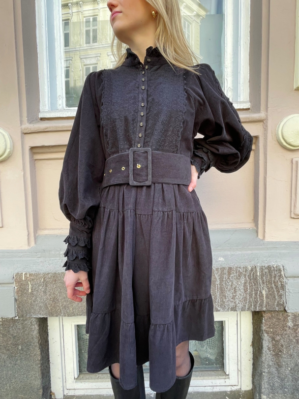 Baby Cord Belted Dress- Black - Image 1