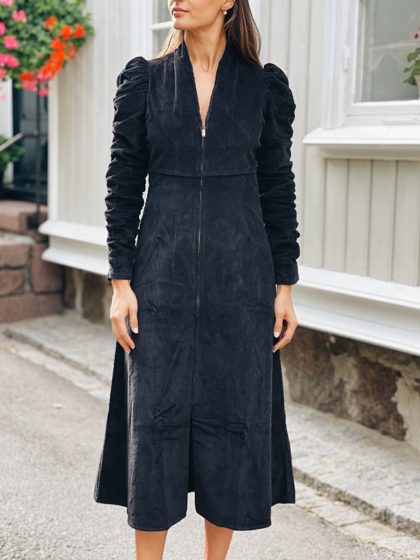 Corduroy V-Neck Dress - Black - Image 1