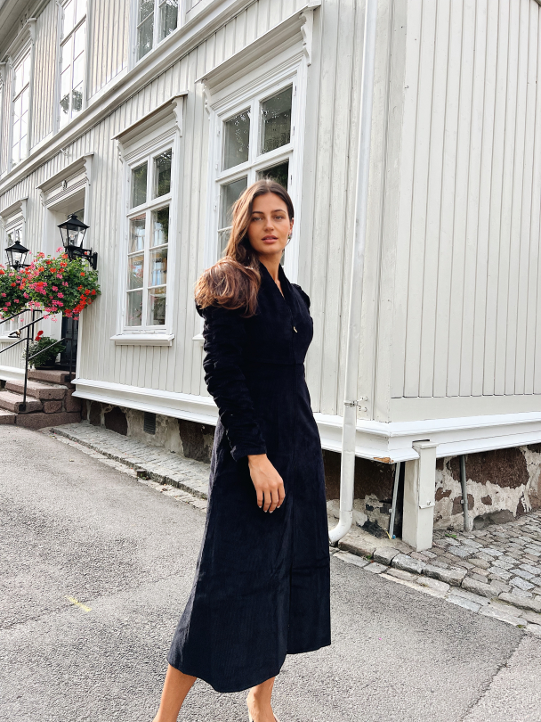 Corduroy V-Neck Dress - Black - Image 6