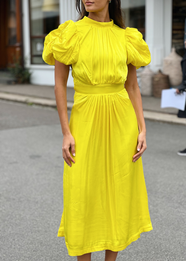 Puffy Sleeve Dress Satin Yellow  - Image 1