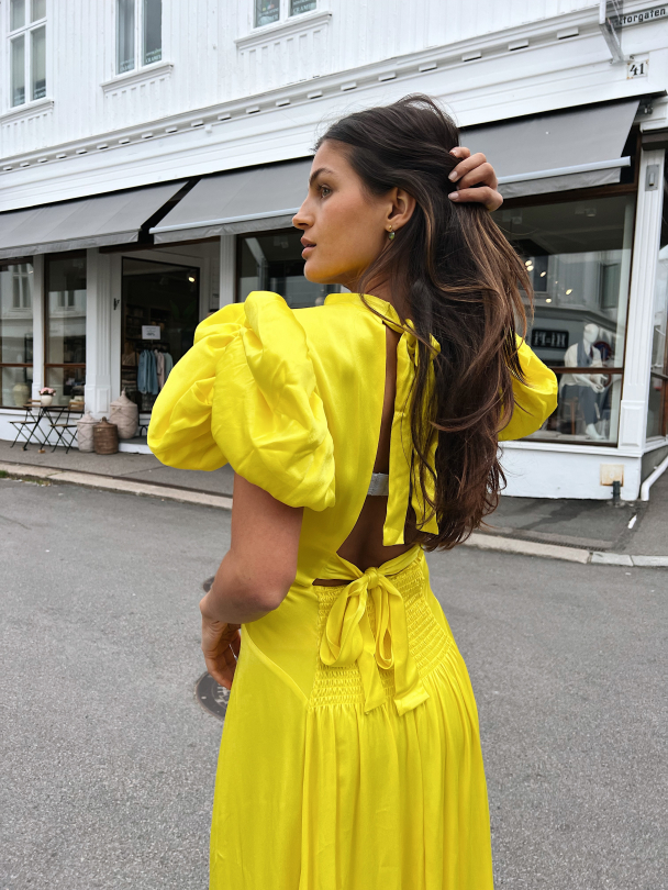Puffy Sleeve Dress Satin Yellow  - Image 4