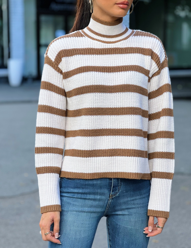 Stripey High Neck Pullover - Coconut/Eggnog - Image 1