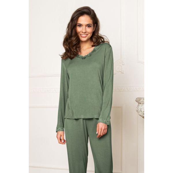 'Bamboo' pyjamas with lace and long sleeve, army