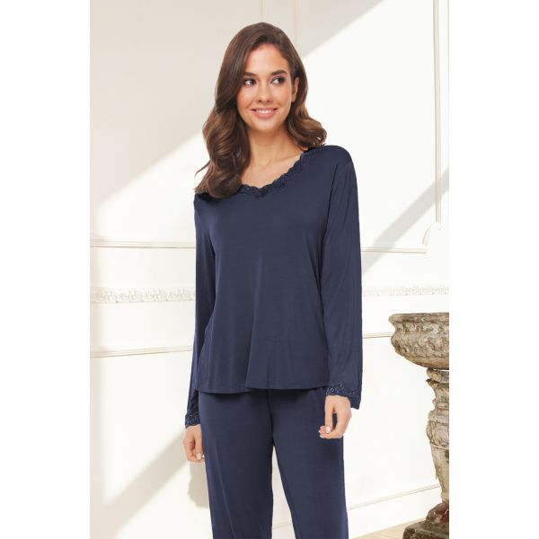 'Bamboo' pyjamas with lace and long sleeve, indigo