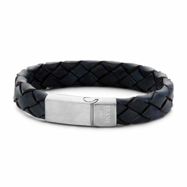 Blue Braided Leather Bracelet with Stainless Steel