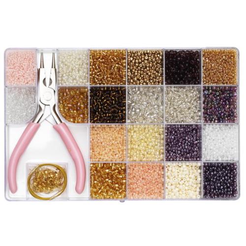 Seed bead kit – med en mengde glinsende rocaillesperler, smykketilbehør, tråd og en rundtang
