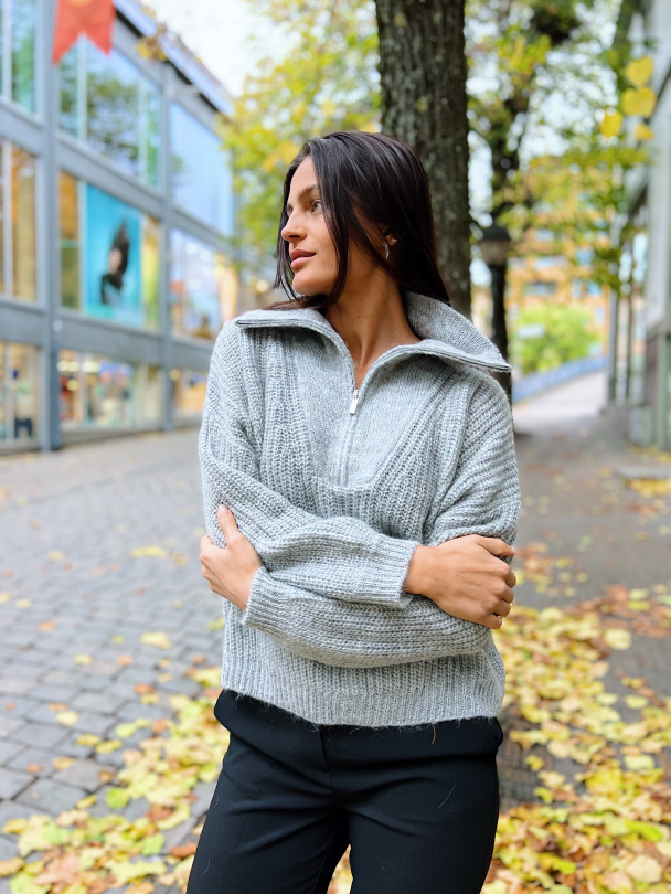 Lusia Knit T-neck Zip - Grey Melange - Image 3