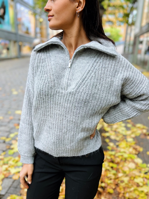Lusia Knit T-neck Zip - Grey Melange - Image 1