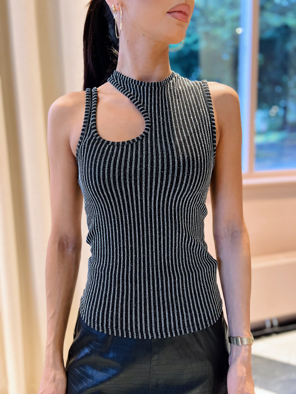 Drew Glitter Asym Top - Black/Silver Strip - Image 1