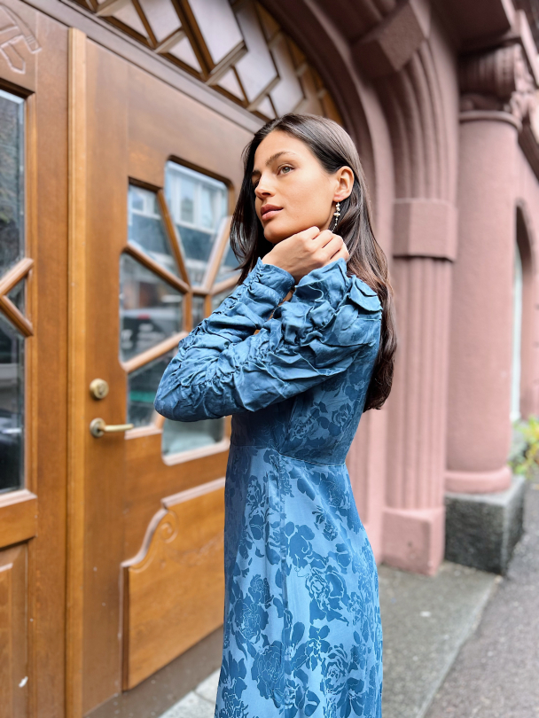 Jacquard V-Neck Dress - French Blue  - Image 2