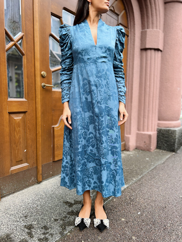 Jacquard V-Neck Dress - French Blue  - Image 1